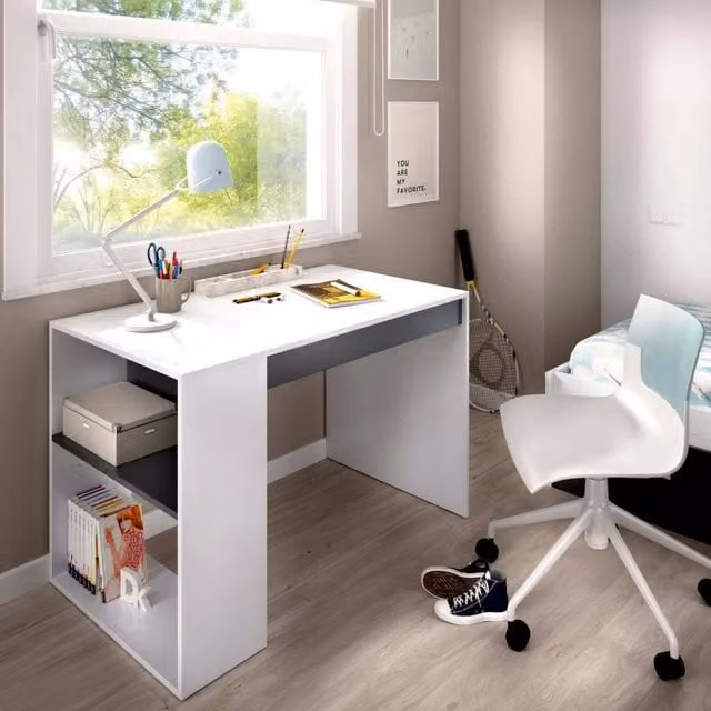 Scrivania DMORA Arianella per ufficio o cameretta, Tavolo da studio moderno in MDF e metallo, L: 115 cm, P: 50 cm, H: 74 cm, Bianco e Antracite