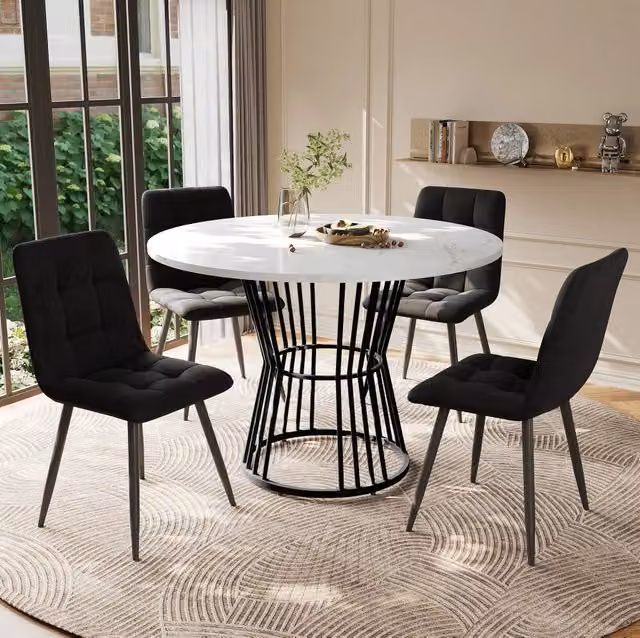 Set da pranzo 5 pezzi con tavolo rotondo 100 cm e 4 sedie in velluto nero, piano MDF bianco, gambe in metallo nero