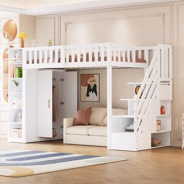 Letto a Soppalco Multifunzione MINIMAL per Bambini in Legno Bianco e Grigio con Armadio, Scaffali e Scala, L/P/H: 290 x 90 x 173 cm