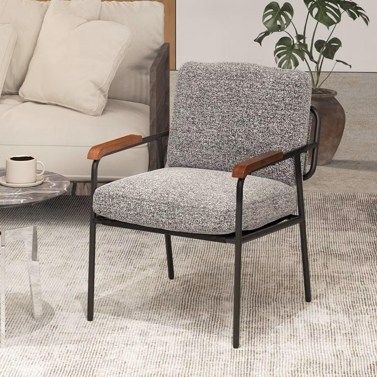 Poltrona moderna Costway con sedile e schienale imbottiti in tessuto, sedia d'accento con braccioli Grigio