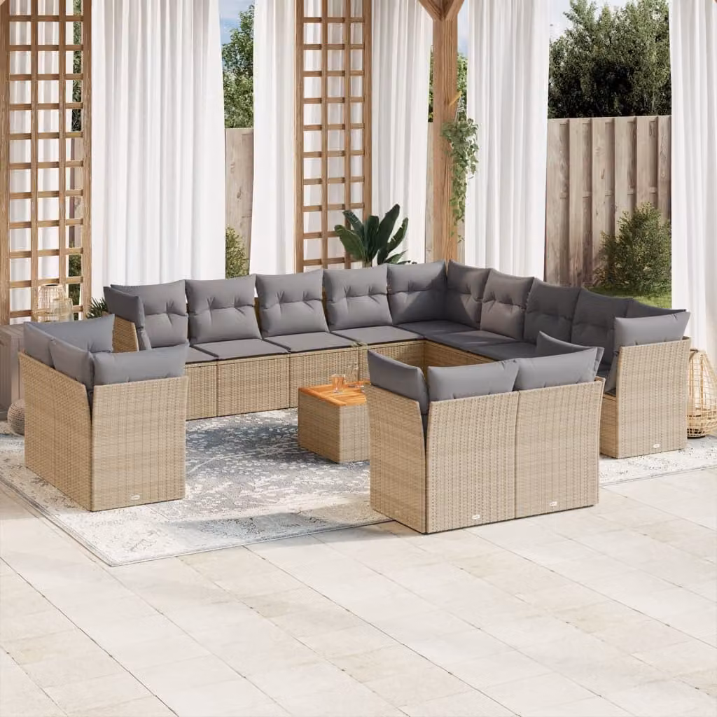 vidaXL Set Divano da Giardino 14 pz in Polyrattan con Cuscini Beige e Grigio e Tavolino da Esterno – 1