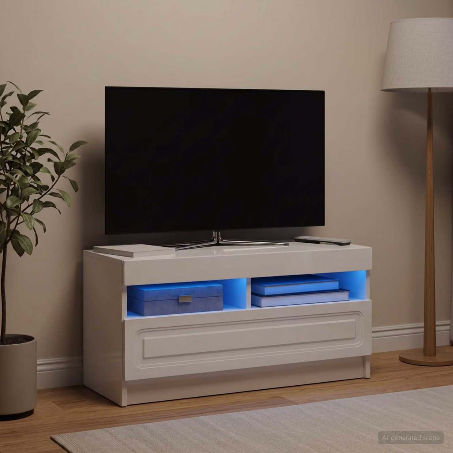 Mobile TV stand vidaXL moderno in legno MDF bianco lucido con illuminazione LED L: 81 cm, P: 40 cm, H: 35 cm