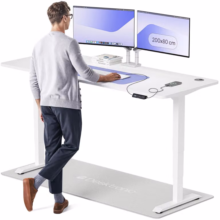 Scrivania regolabile elettricamente - 200x80 cm - Bianco - Metallo e vetro temperato - Scrivania moderna per computer - Scrivania regolabile in altezza