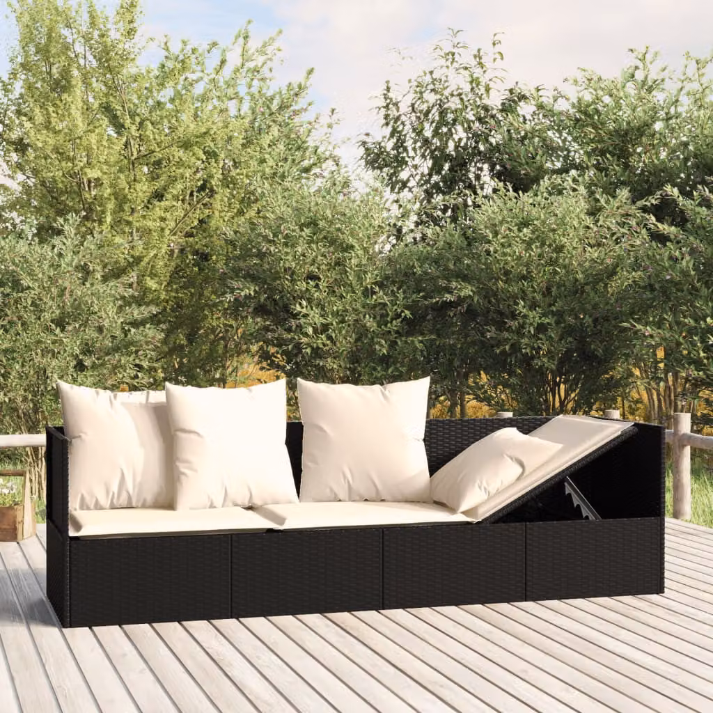 vidaXL Lettino Prendisole da Esterno in Polyrattan Nero con Cuscini in Tessuto
