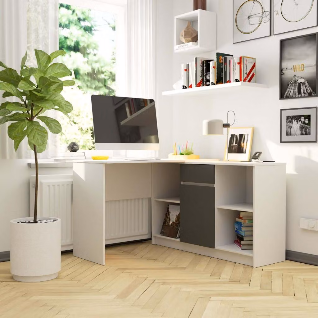 Scrivania angolare con cassettiera RALIO - bianco / grigio