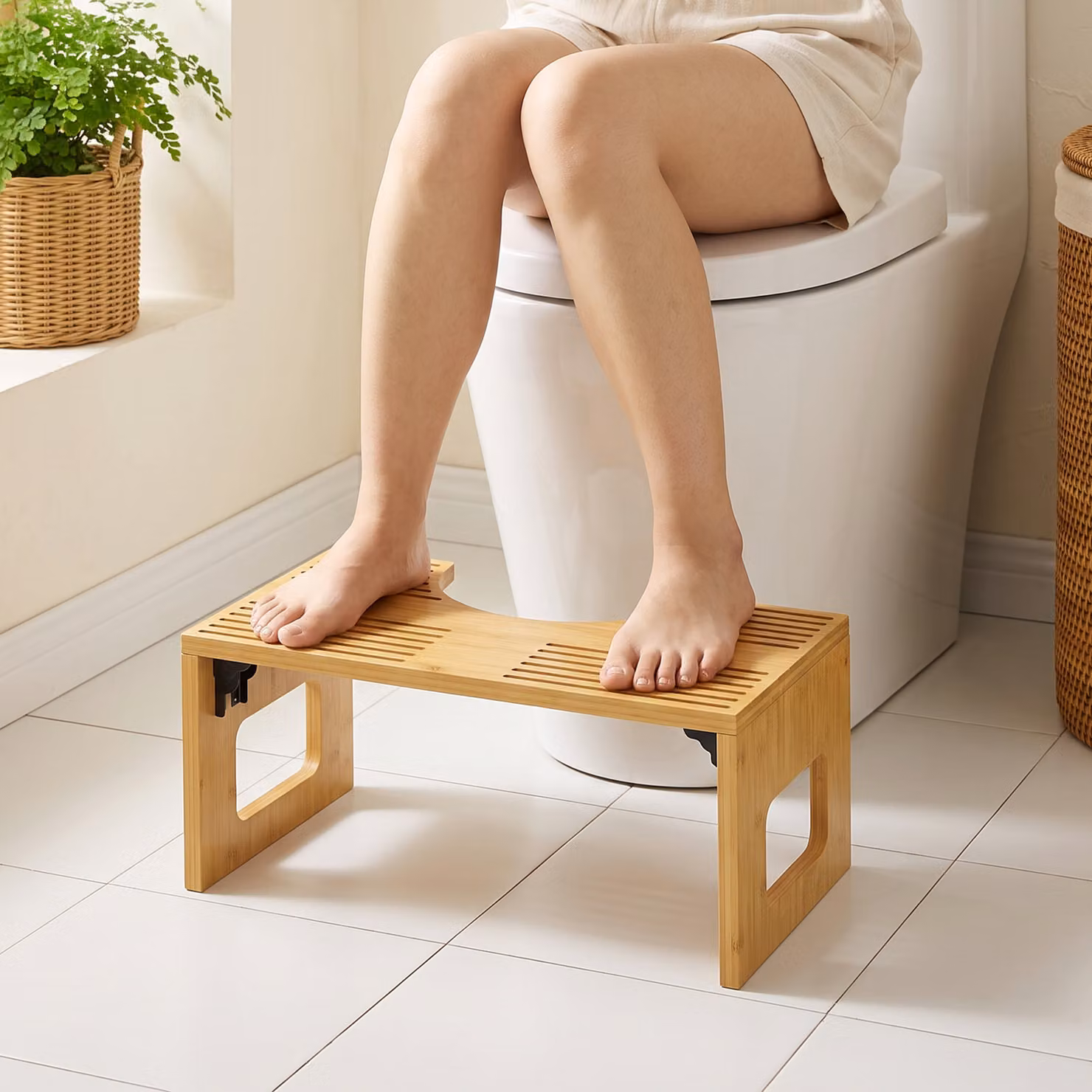 Sgabello da toilette pieghevole HOMCOM in bambù con piedini antiscivolo, colore rovere – 2