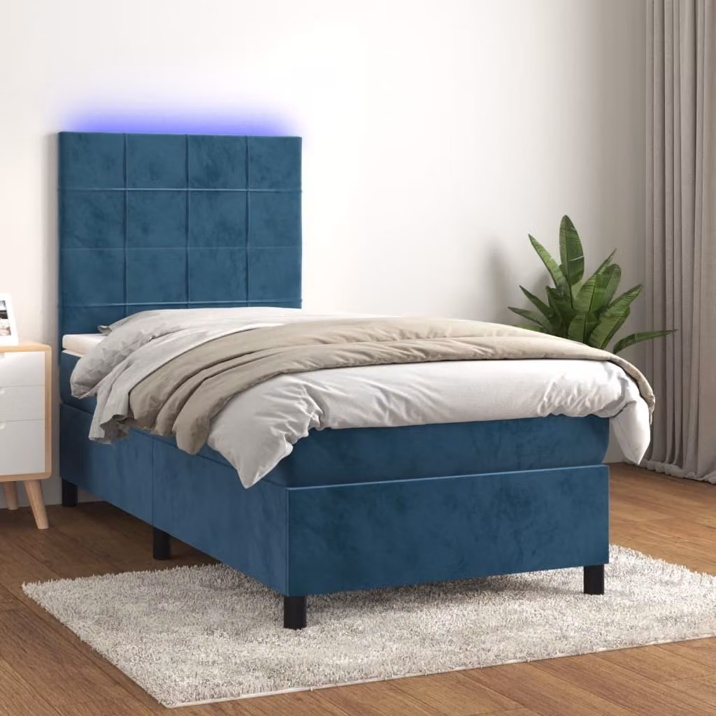 vidaXL Letto a molle con materasso e LED in velluto blu scuro 90x200 cm - Letto a molle - Boxspringbetten - Bett - Schlafzimmermöbel