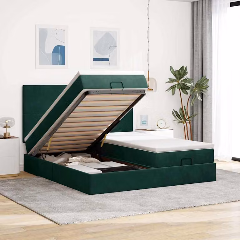 Letto con contenitore a sollevamento vidaXL in velluto verde e bianco con materasso, L/P/H: 203 x 160 x 128 cm