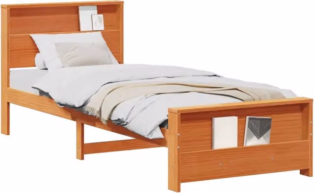 Letto singolo in legno di pino con testiera, colore marrone cerato, L 80 x P 200 cm – 1
