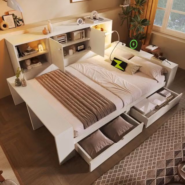 Letto riportabile 140x200 cm bianco; con cassetti; porte doppie e USB/USB-C; letti in legno riservati a matrimonio e a giovani (senza materasso)