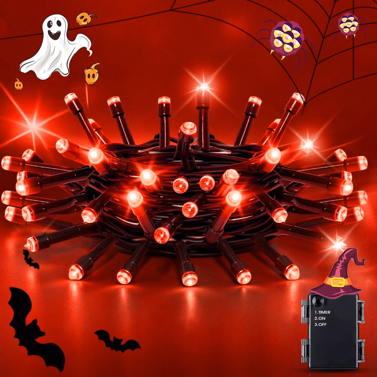 Catena luminosa a LED, 2 metri, 20 LED rossi, con timer, alimentata a batteria