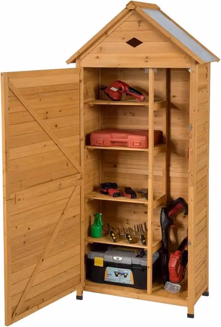 Costway Armadio da esterno in legno marrone con tetto in acciaio galvanizzato, casetta da giardino con mensole e chiusura a chiave, L/P/H: 80 x 45 x 177 cm
