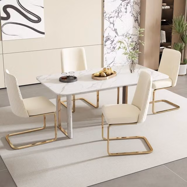 Set di 4 sedie da pranzo Mivray in velluto beige con schienale geometrico e gambe in metallo dorato