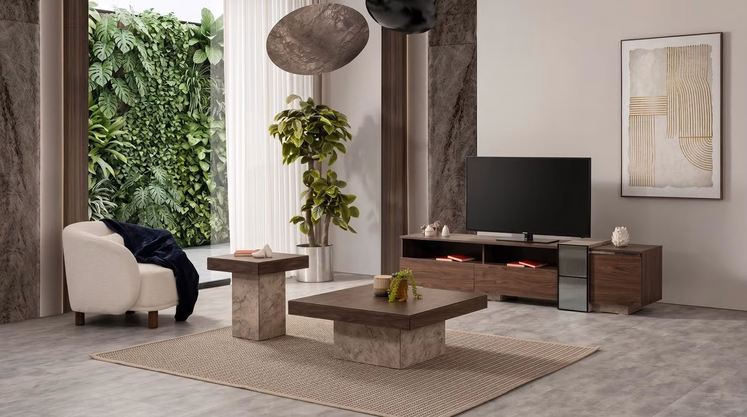 Televisore marrone, mobile TV a basso profilo, tavolino da caffè, tavolino ausiliario, design moderno