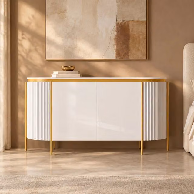 Credenza ovale con 4 ante e ripiano interno passacavi per soggiorno in MDF bianco con piedi in ferro 140 × 38 × 80 cm