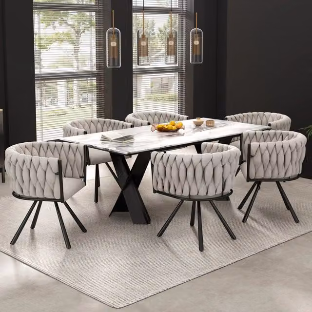Sedie da pranzo set da 6 girevoli a 360 gradi con schienale ergonomico e struttura in metallo imbottite in lino nero
