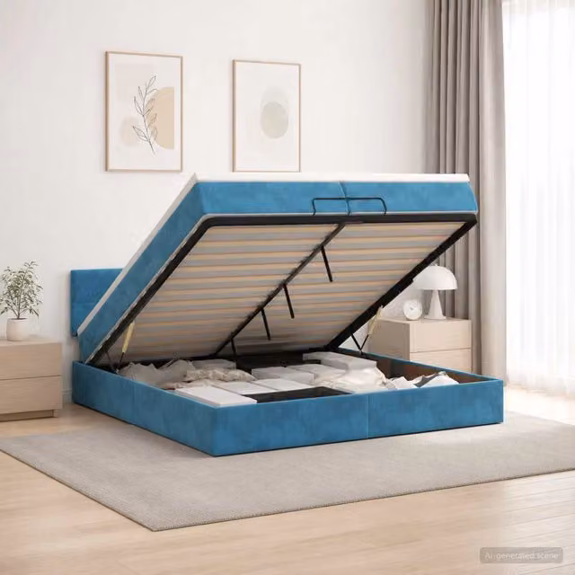 Letto matrimoniale con contenitore a sollevamento vidaXL in velluto blu e bianco L/P/H: 200 x 200 x 140 cm – 1