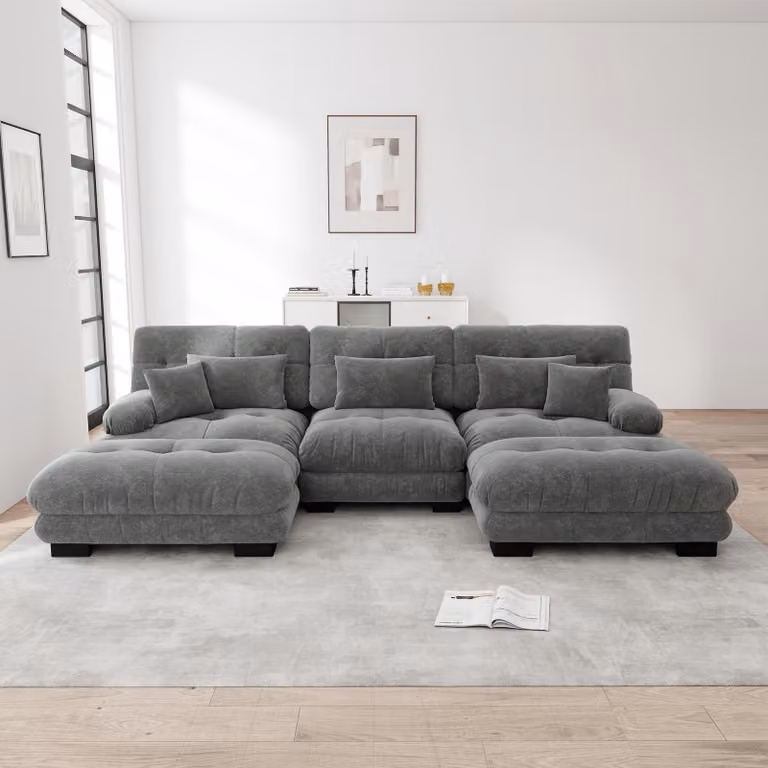 Divano angolare a forma di "L" in tessuto chenille, modello "Cloud Couch", con poggiapiedi, trasformabile in letto (grigio)