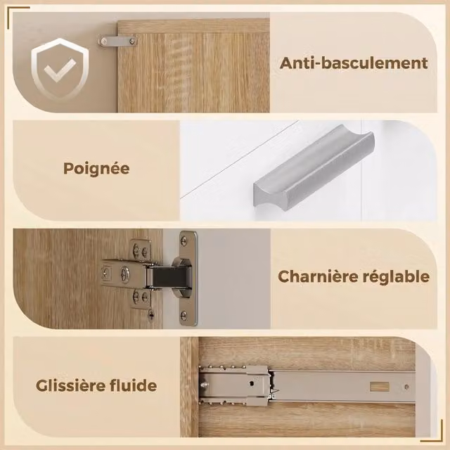 Credenza da cucina con 4 ante, cassetto e ripiano aperto, in truciolare e metallo, bianco naturale, 120 × 40 × 175 cm