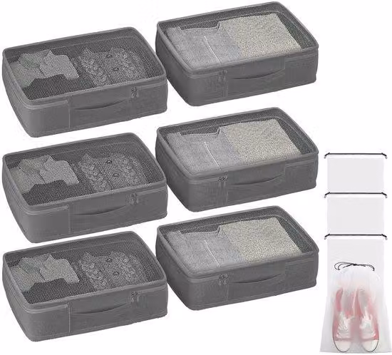 Contenitori e organizer grigi da 15 litri, 6 contenitori con coperchio a scatto e 4 tasche con cerniera
