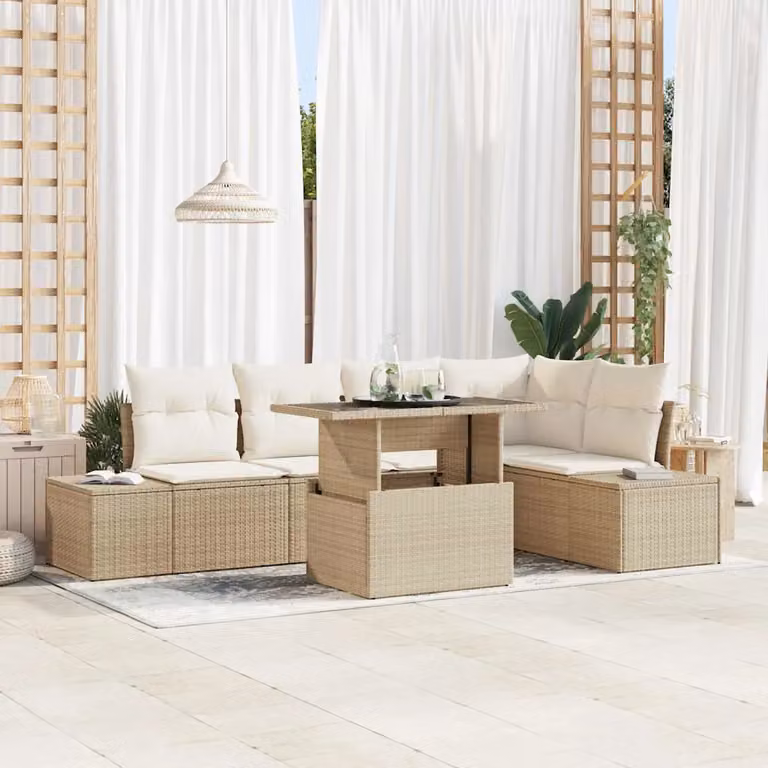 Set Divano da Giardino vidaXL 6 pz in Polyrattan Beige con Cuscini e Tavolino da Esterno
