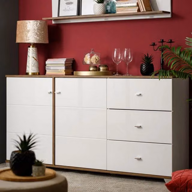Madia Ete DMORA con 3 cassetti, design moderno, Bianco e Oak, L: 162 cm, P: 40 cm, H: 85 cm