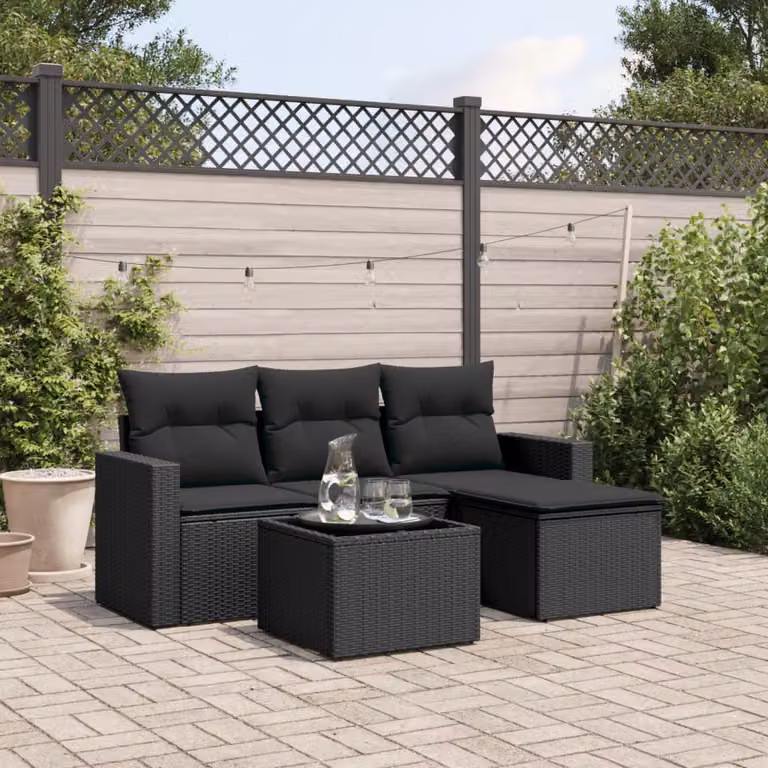 vidaXL Set Divani da Giardino a L 5 pz in Polyrattan Nero con Cuscini e Tavolino da Esterno