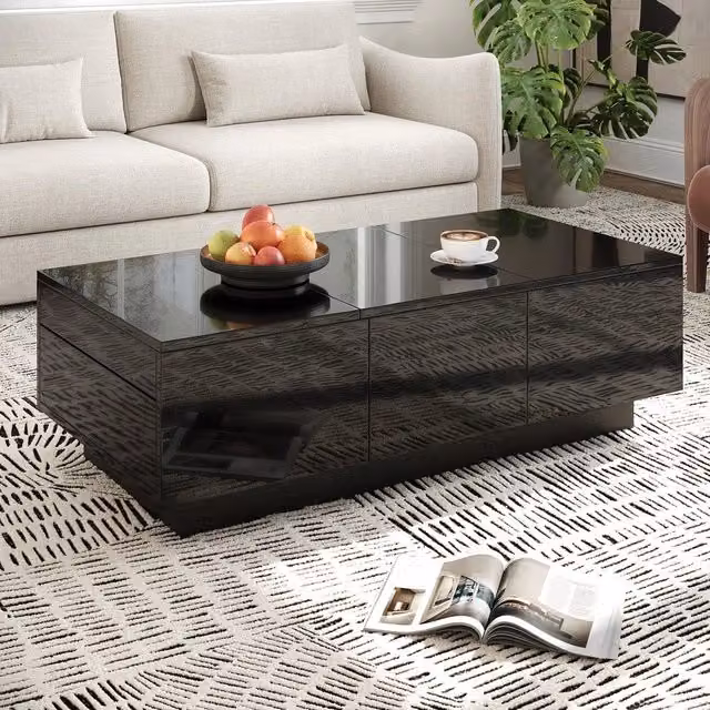 Tavolino da Salotto Minimal Rettangolare Nero Lucido con Cassetti