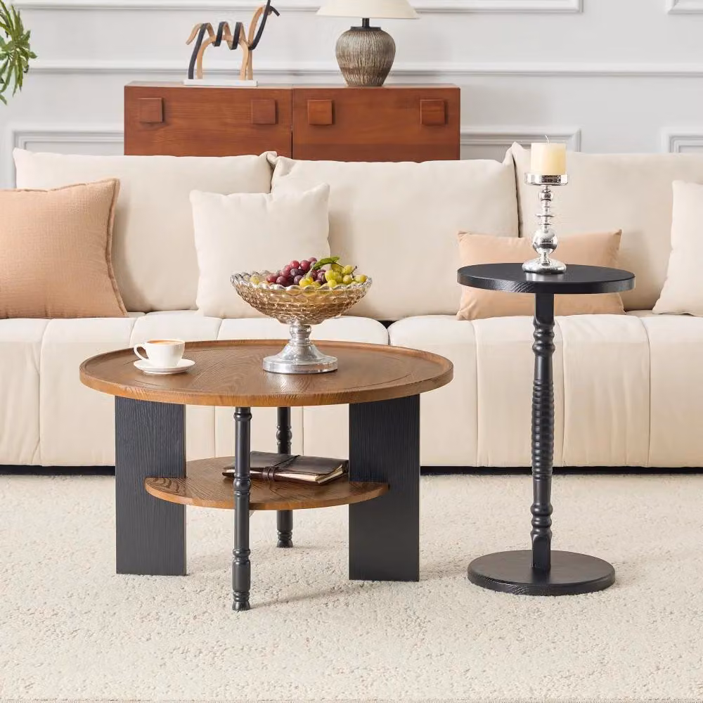 Tavolino rotondo - Set da 2 - MDF - Con spazio contenitivo - 80 cm - Noce/Nero