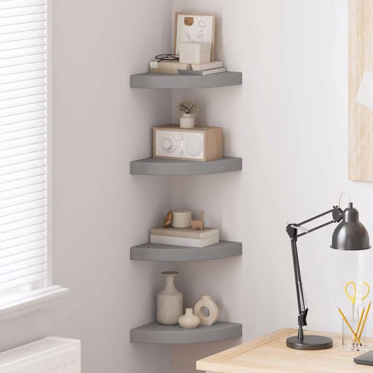 Set di 4 Scaffali Angolari da Parete vidaXL in MDF e Metallo, Grigio, L/P/H: 25 x 25 x 3,8 cm