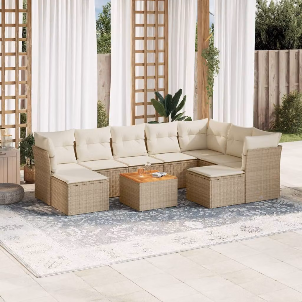 Set Divano da Giardino vidaXL 10 pz in Polyrattan con Cuscini Beige e Tavolino da Esterno – 1