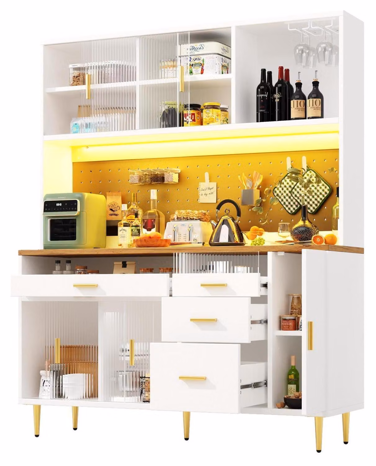 Armadio da cucina, mobile alto con vetrina, piano di lavoro e scaffale per vino, illuminazione a LED, mensole a parete, dimensioni 145x24x171 cm, colore bianco