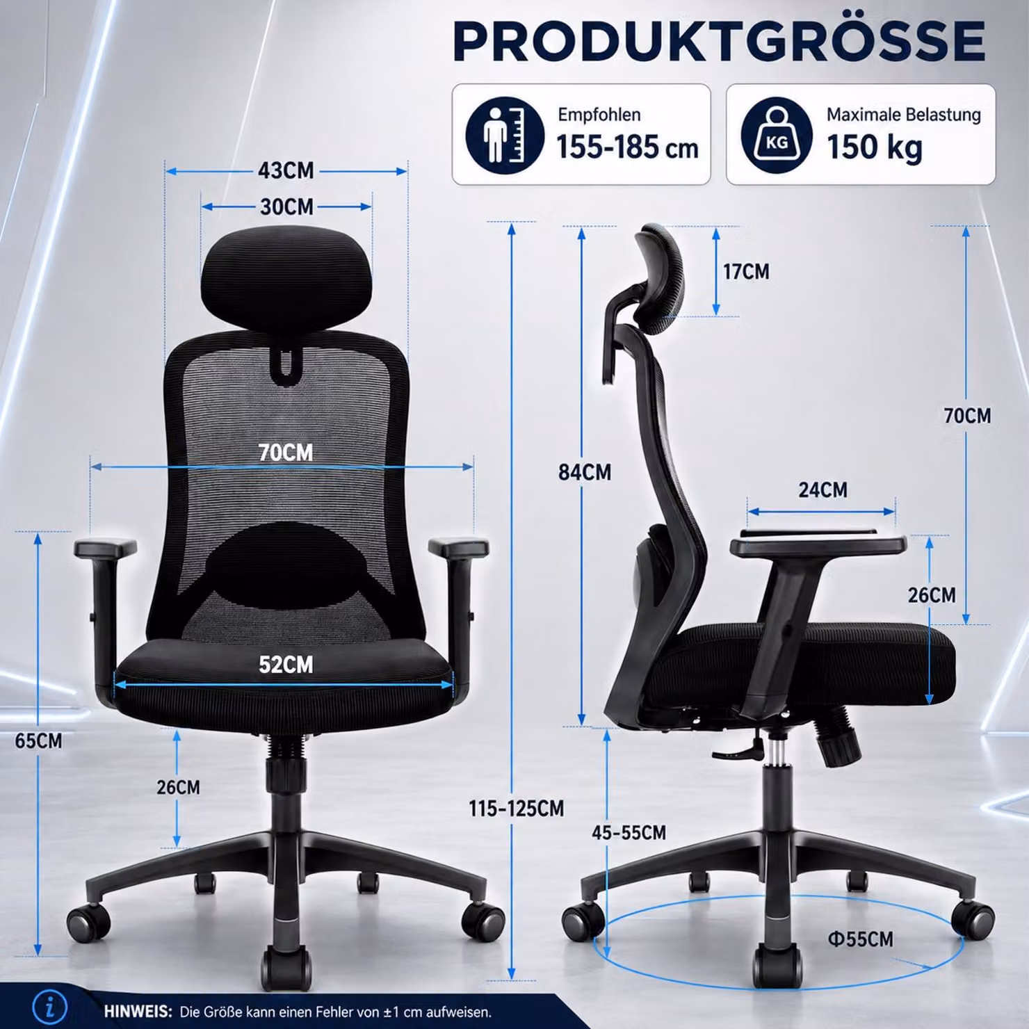 Sedia da ufficio ergonomica con braccioli regolabili in 4 dimensioni, capacità di carico di 150 kg, taglia XL