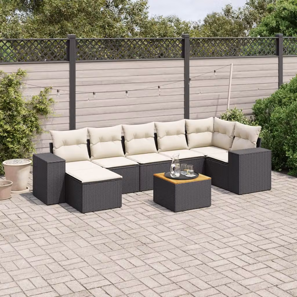 vidaXL Set Divani da Giardino a L in Polyrattan con Cuscini, 8 Pezzi, Nero e Bianco – 1