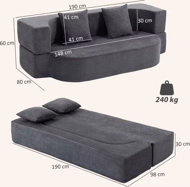 Divano letto click clack REDOM a 2 posti in tessuto grigio con cuscini inclusi, dimensioni: 190 x 140 cm – 1