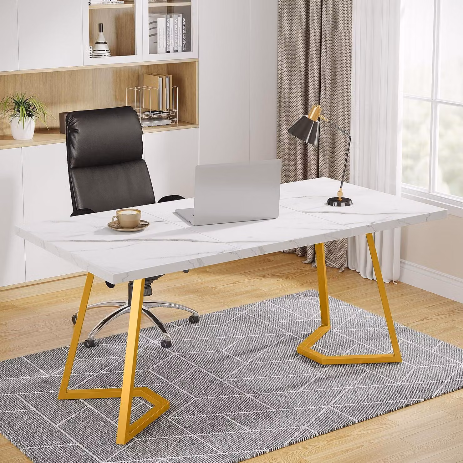 Scrivania, tavolo per computer, 140 x 80 x 75 cm, bianco e oro