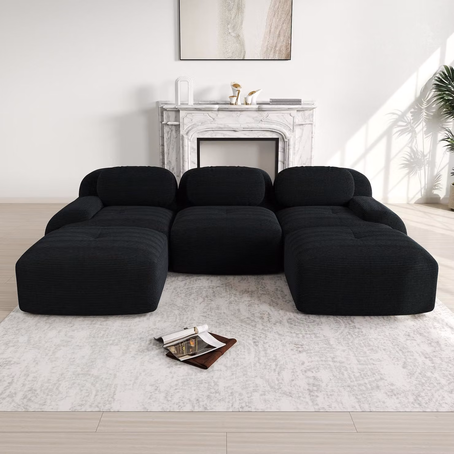Divano a U modulare Sweiko in tessuto di velluto a coste di prima qualità, senza montaggio, antiscivolo e adatto agli animali domestici, braccioli extra larghi, rivestimento ad alta resilienza 32D per soggiorno, camera da letto e ufficio, Nero
