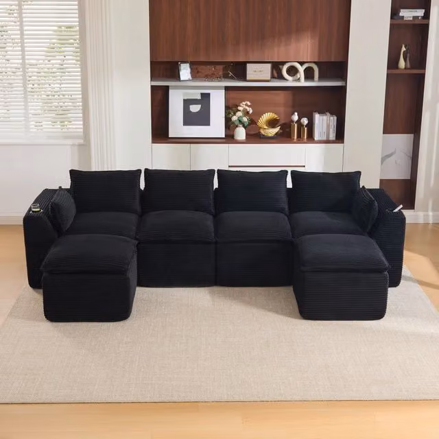 Divano Modulare a L da 4 Posti MINIMAL Nero in Tessuto Cord con Poggiapiedi, Cuscini, Portabicchieri e Tasche L/P/H: 322 x 161 x 77 cm