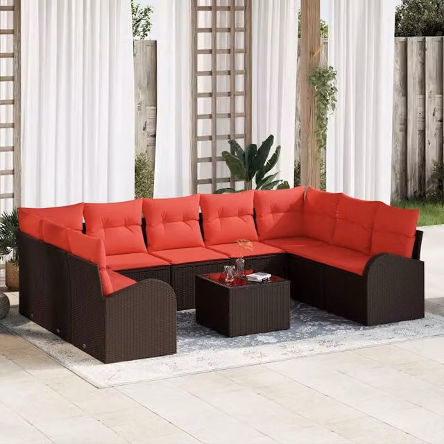 Set Divano da Giardino 10 pz Marrone e Rosso polyrattan 3354883