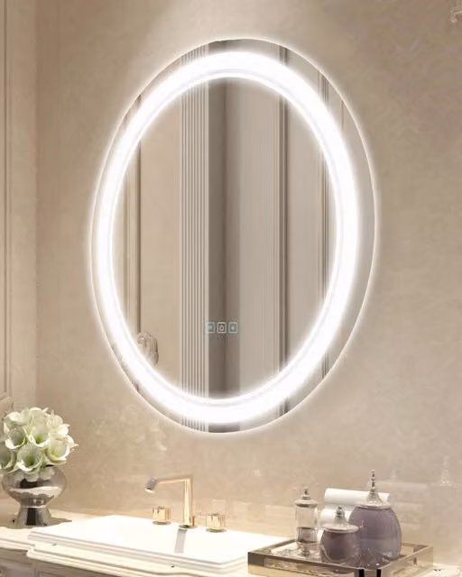Specchio da Bagno Rotondo a LED 60 cm Dimmerabile Antiappannamento con Doppia Illuminazione Parete MRH