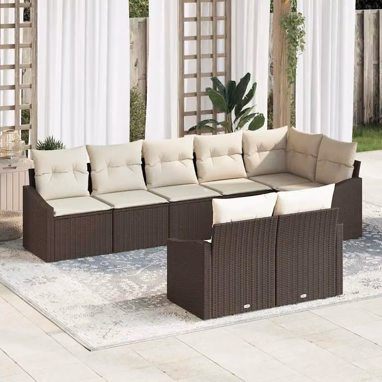 Set di divani da giardino vidaXL 8 pezzi in rattan marrone e beige con cuscini e tavolino