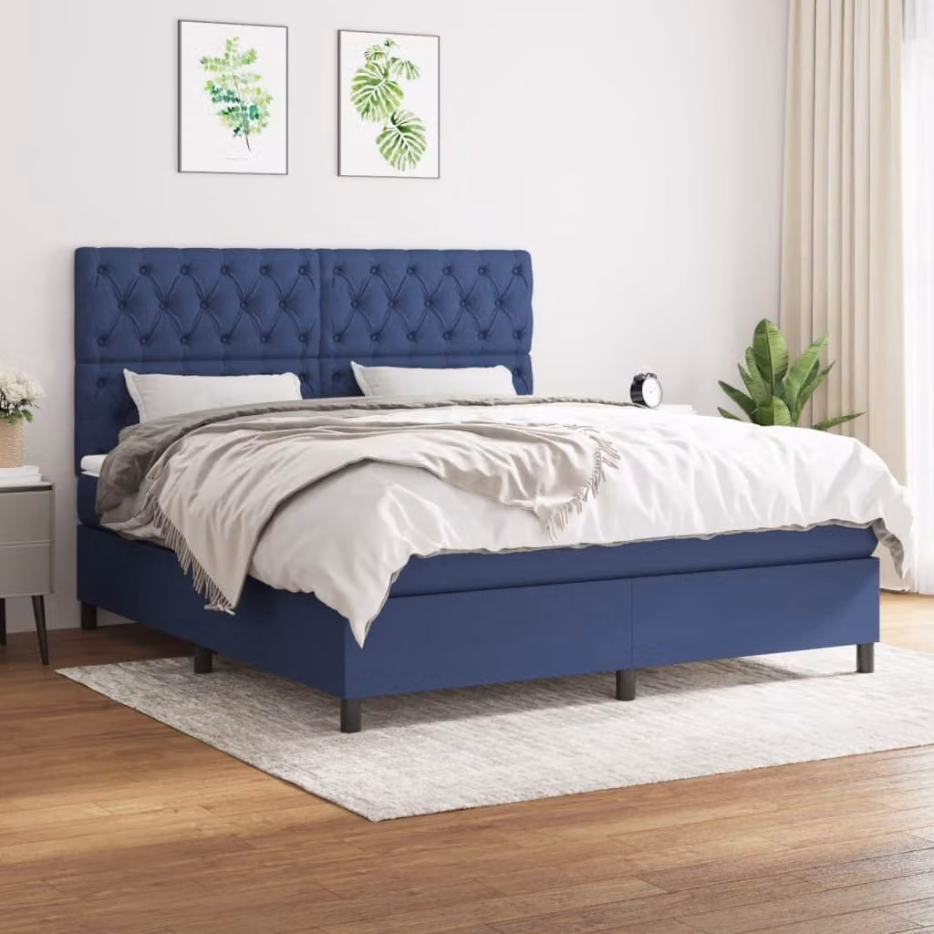 The Living Store Letto a molle con materasso Blu 160x200 cm in tessuto