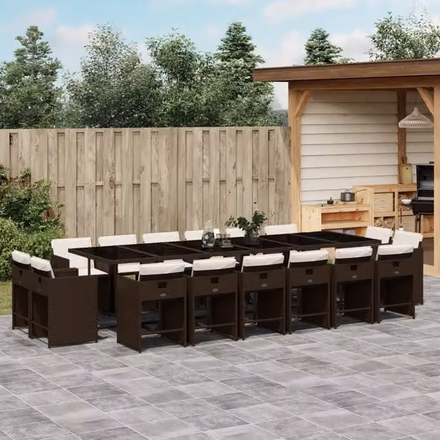 Set da pranzo da giardino vidaXL in polyrattan marrone con cuscini e piano in vetro, 17 pezzi