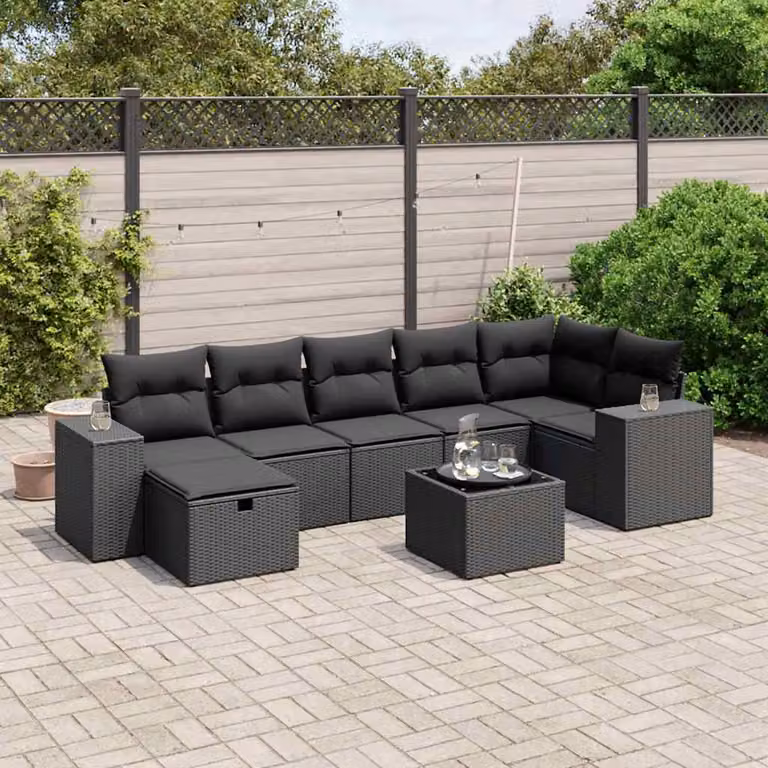 vidaXL Set Divani da Giardino a L con Cuscini 8 pz Nero in Polyrattan e Acciaio