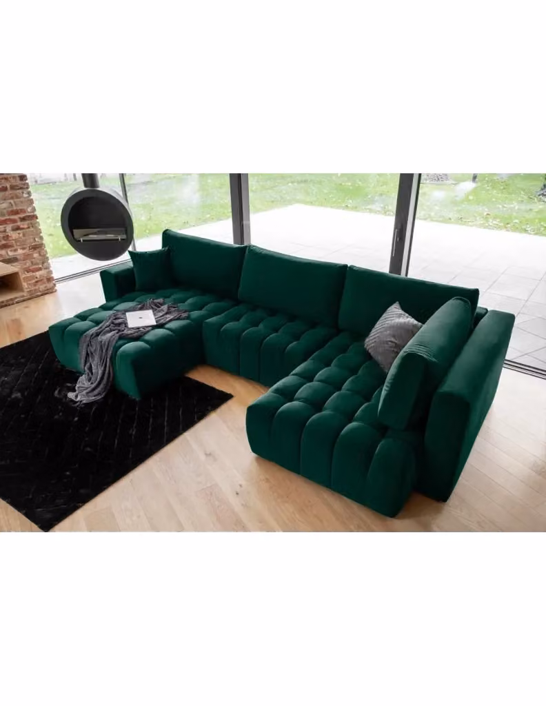 Divano angolare convertibile BONITA MEUBLORAMA verde scuro effetto velluto con funzione letto e poggiatesta regolabile, lato sinistro, L/P/H: 350 x 175 x 92 cm – 2