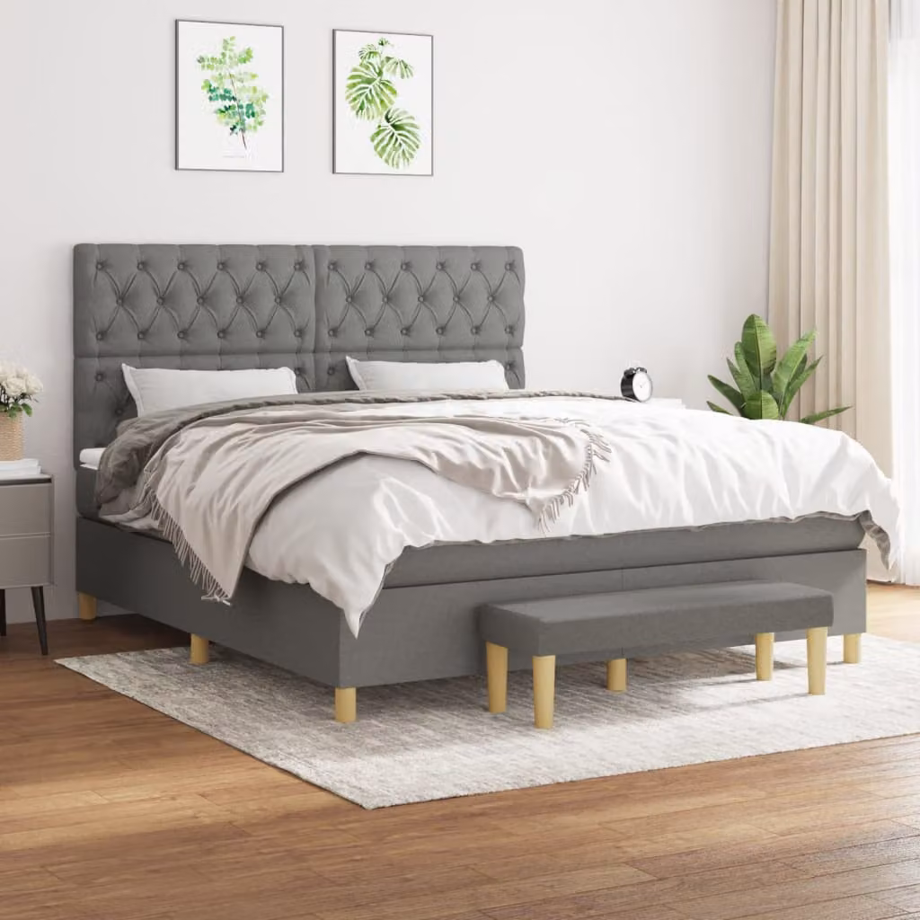 vidaXL Giroletto a Molle Ibrido con Materasso in Tessuto Grigio e Bianco L/P/H: 160 x 200 x 128 cm – 1