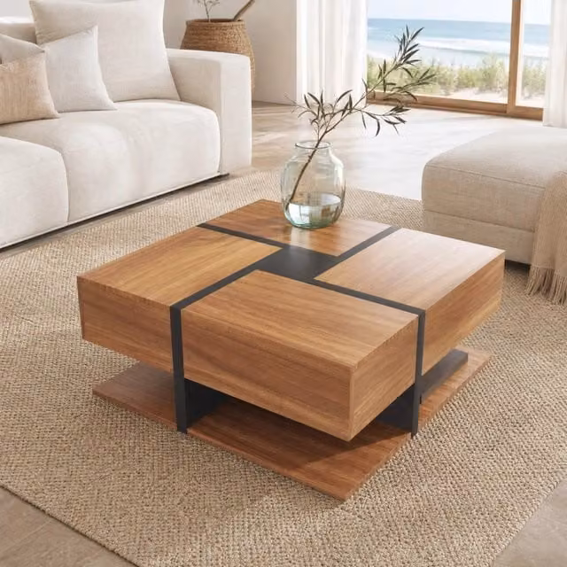 Tavolino da caffè quadrato 78x78x36 cm con 4 cassetti e ripiano inferiore