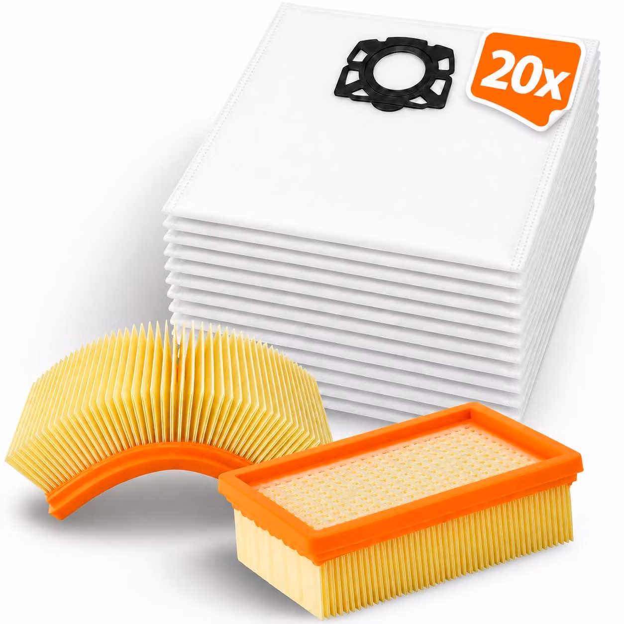Kit di manutenzione completo con 20 sacchetti filtro in tessuto non tessuto e 2 filtri piatti, adatti per aspirapolvere ad acqua e a secco