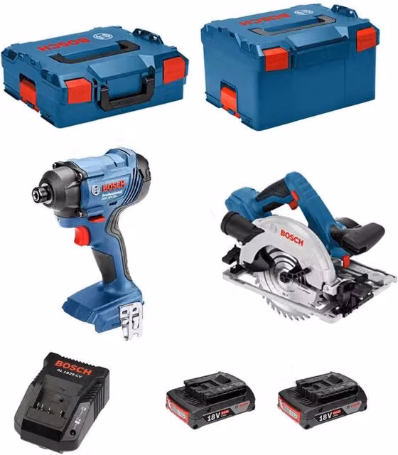 Kit Bosch 18V BSK182D2A Blu con Avvitatore a Impatto GDR 18V-160, Sega Alternativa GKS 18-57 G, 2 Batterie da 2,0 Ah, Caricatore AL1820 e Valigette L-Boxx 136 e 238 – 1