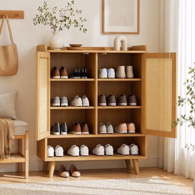 Mobiletto portascarpe in rattan naturale con 2 ante e 5 ripiani, gambe e maniglie in legno massello, 80x105x35 cm, colore rovere